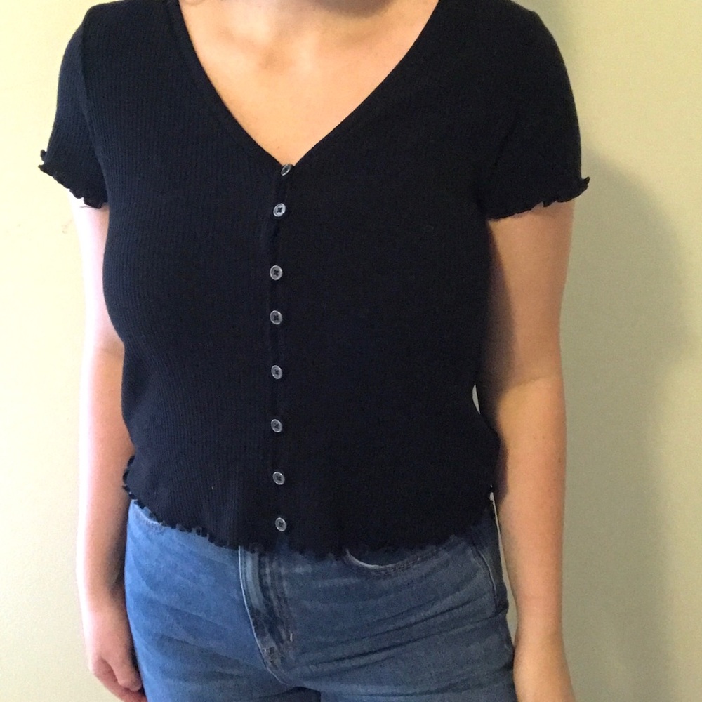American Eagle Black Button Down Crop Top
